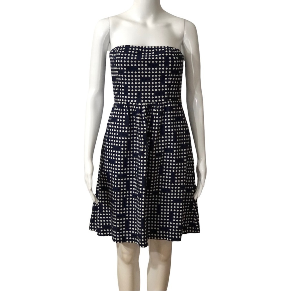 Gap Womens Size 4 Dress A Line Strapless Polka Dots Linen Navy Blue White Lined